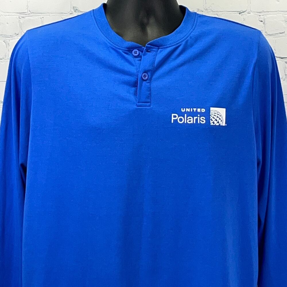 United Polaris Henley T Shirt Blue Aviation Airplane Long Sleeve Lounge M Medium